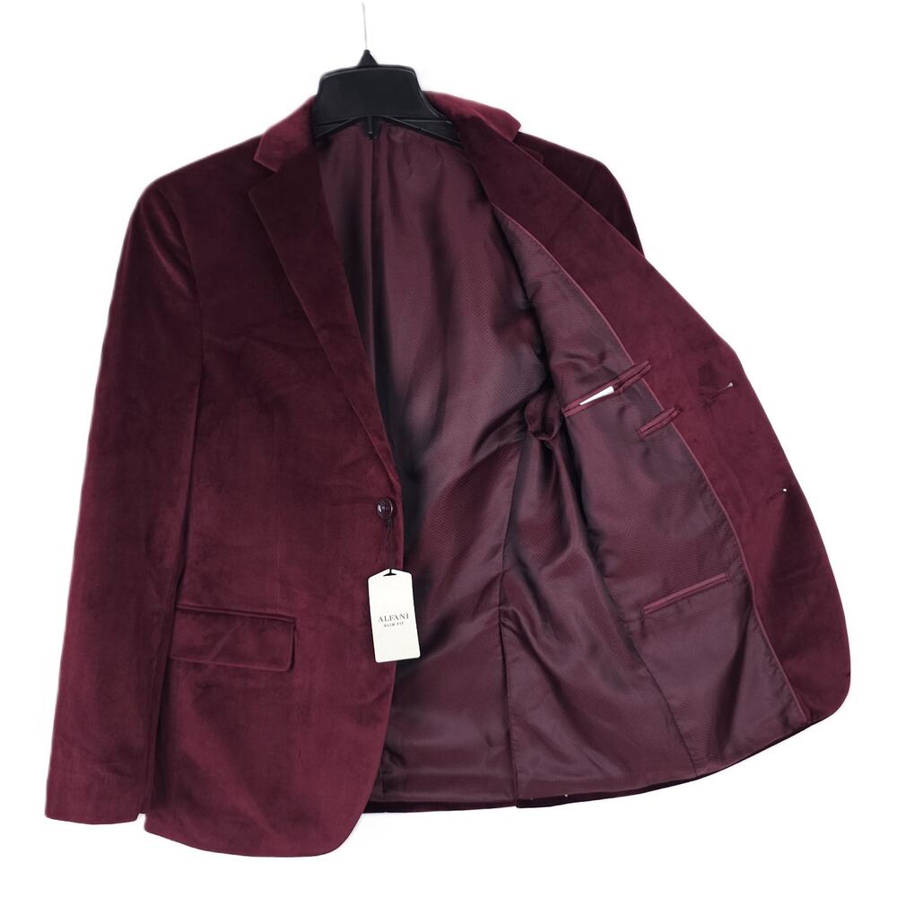 Alfani Mens Slim Fit Velvet Sport Coat Blazer 36R Burgundy Red Solid NWT - Picture 2 of 7